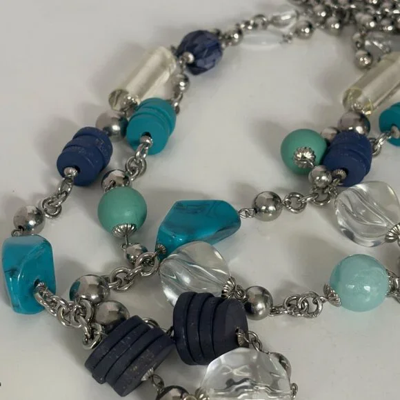 Chicos Long Necklace Multi-Bead Faux Gemstone Silver Chain Contemporary 40" Blue - Picture 2 of 8